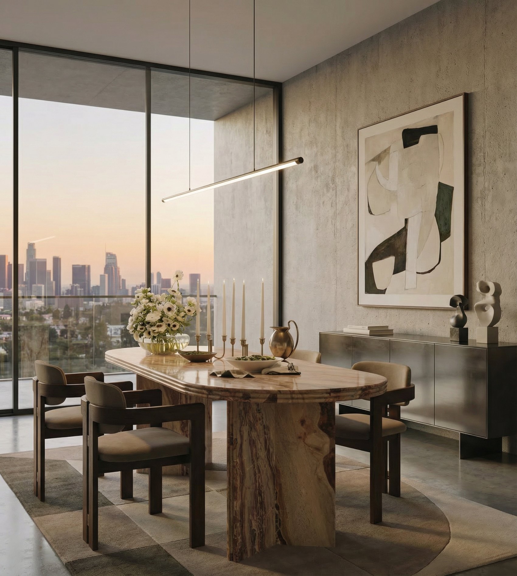 Natural marble table living in a sunlit room
