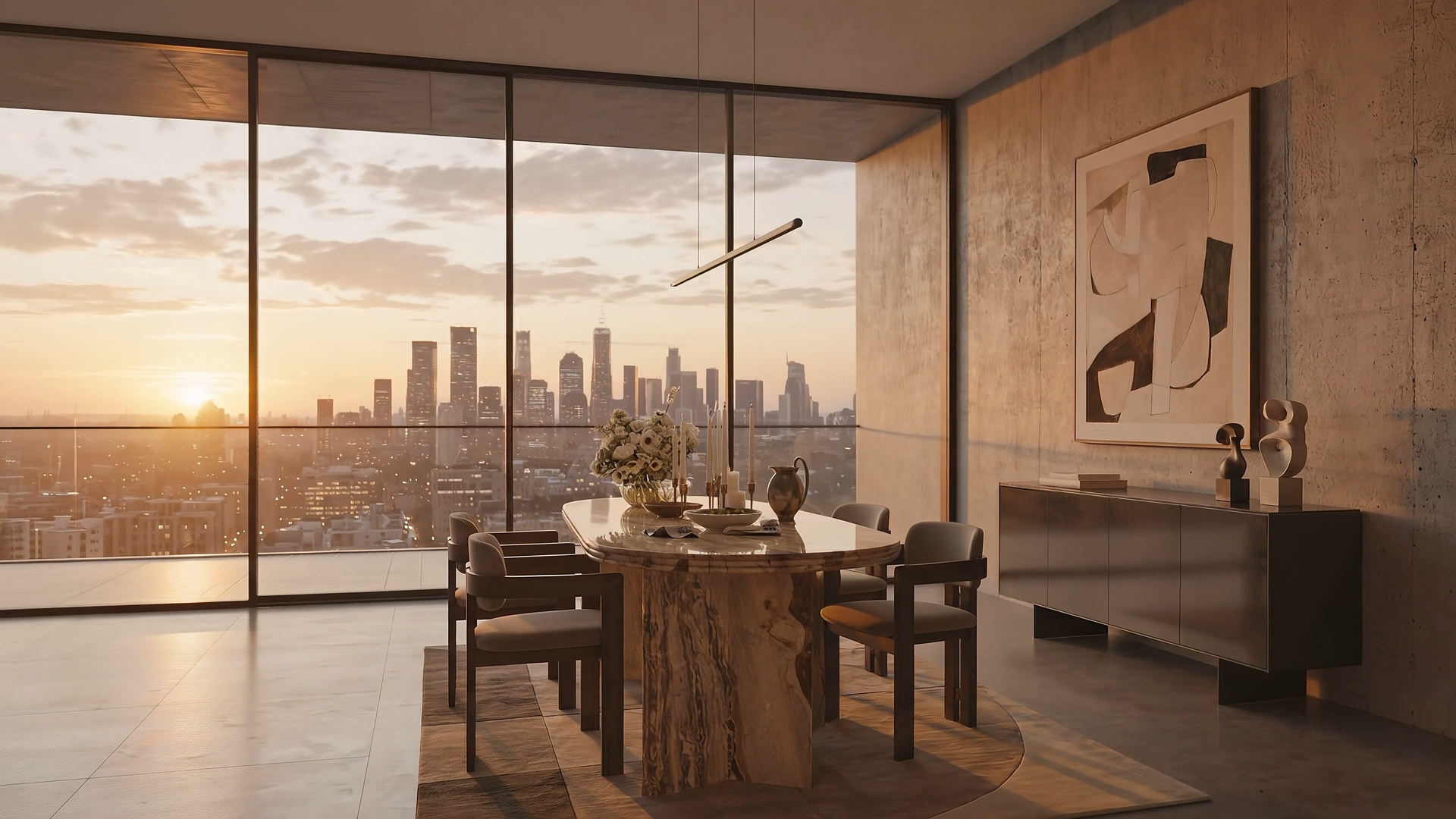 A marble dining table in natural onyx, set in a concrete-walled room overlooking the city at sunset