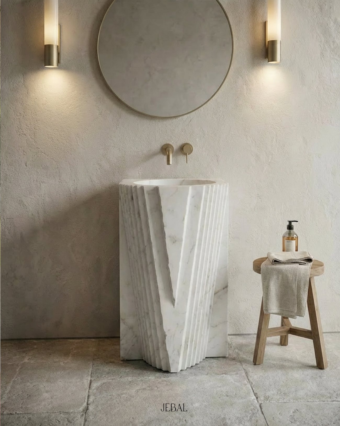 Amickey fluted Calacatta pedestal basin