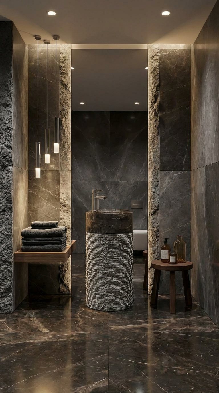 Embrador Emperador marble pedestal basin in a dark bathroom