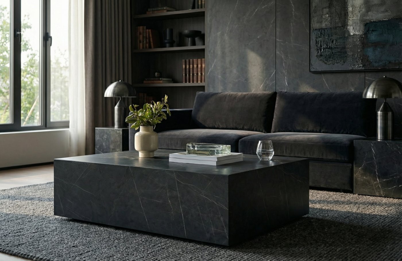 Neo Marquina black marble coffee table in a dark room