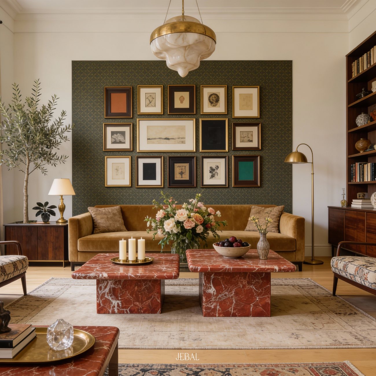 Rosso Levanto nesting marble coffee tables in a living room