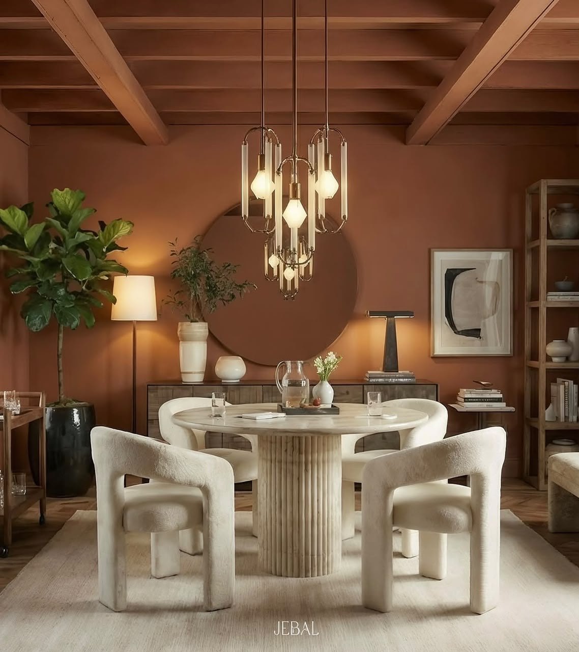 Tuff Dining Table in a warm dining room, round travertine top on a fluted column